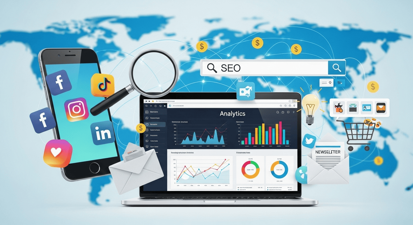 التسويق الرقمي، مشروع تسويق إلكتروني، تعلم SEO مجانًا، خدمات Google Ads، أفضل طرق الربح من الإنترنت، إدارة حملات فيسبوك، تحسين محركات البحث 2025، digital marketing business، PPC advertising، social media marketing، affiliate marketing، العمل من المنزل، تسويق عبر الإنترنت، أدوات التسويق الرقمي، أفضل وكالات التسويق.
