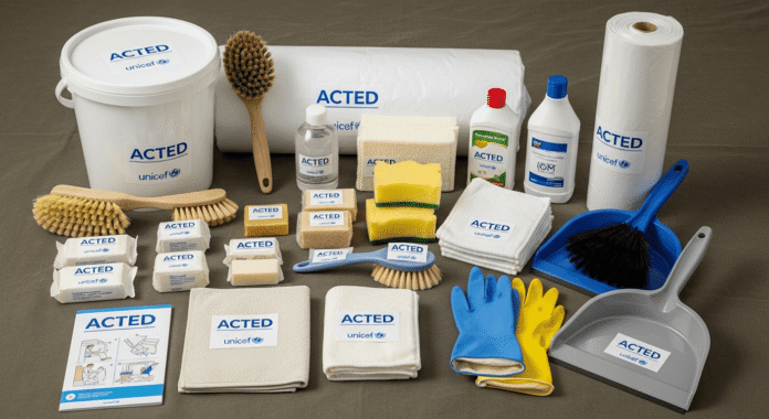 طرد منظفات شامل توزيع طرد نظافة مساعدات إنسانية طرد نظافة مدعوم من ACTED مساعدات UNICEF و IOM