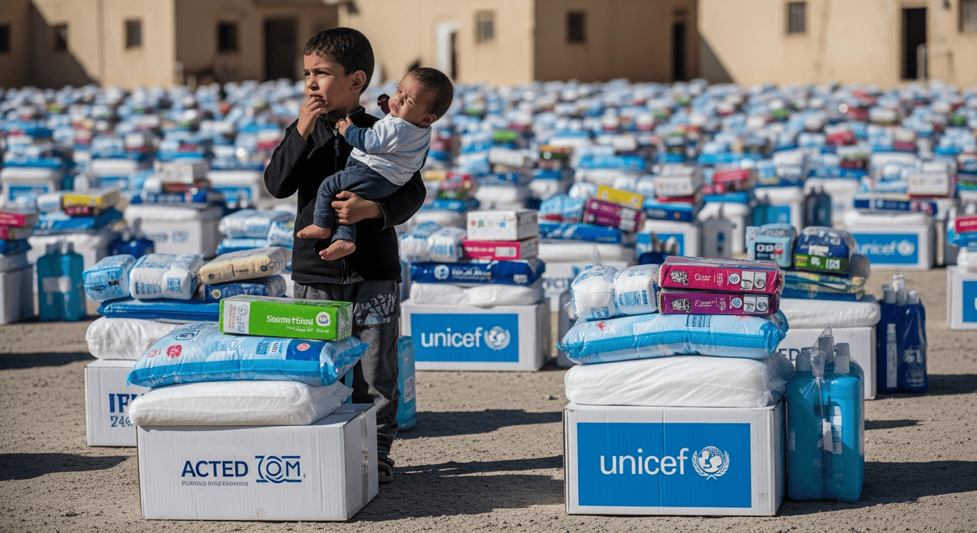 طرد منظفات شاملتوزيع طرد نظافة مساعدات إنسانية طرد نظافة مدعوم من ACTED مساعدات UNICEF و IOM