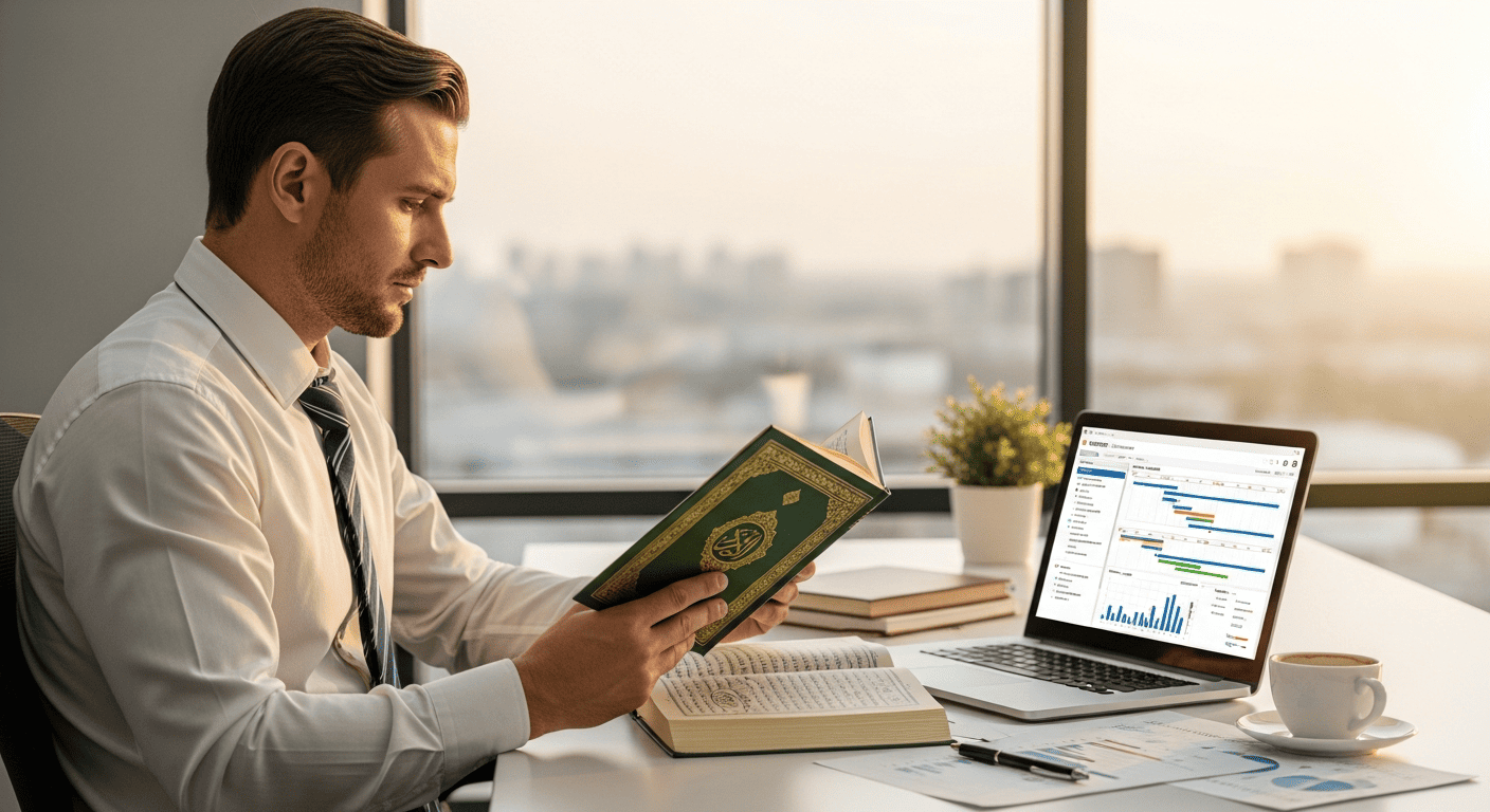 Man reading Quran in office.